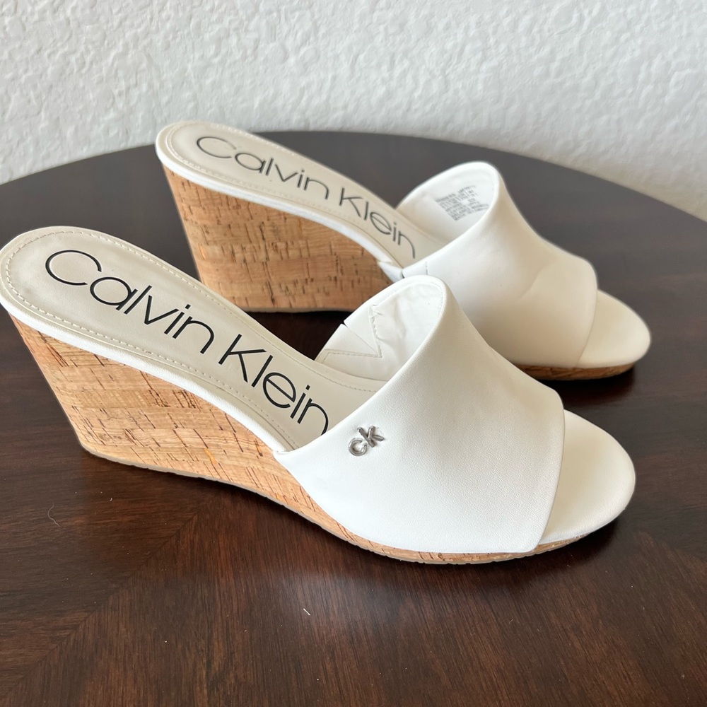 Calvin Klein White Wedge Shoes Slip-On Cork Heel